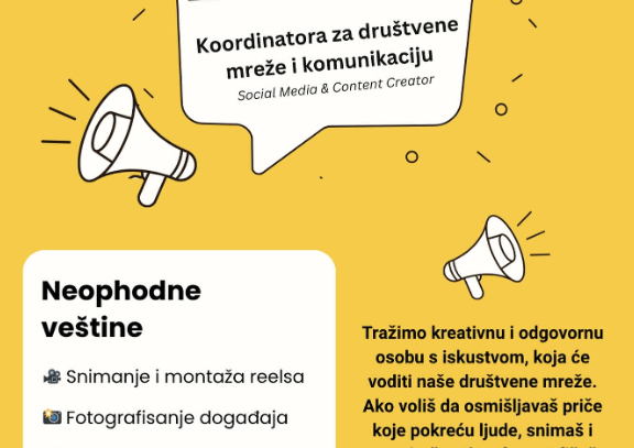 Prijavi se za poziciju – Koordinator za vođenje društvenih mreža i komunikaciju