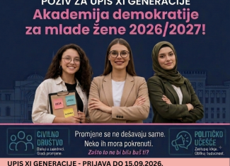 📣 OTVORENE SU PRIJAVE ZA XI GENERACIJU AKADEMIJE DEMOKRATIJE ZA MLADE ŽENE 2026/2027!