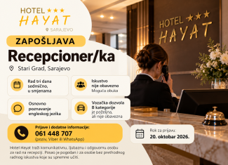 Hotel Hayat zapošljava recepcionera/ku – Sarajevo
